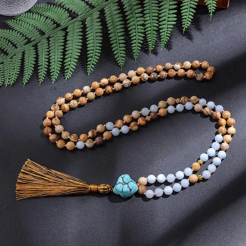 8mm Picture Jasper Beaded Knotted Japamala Necklace Bracelet Set Meditation