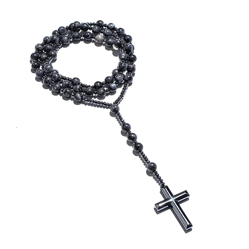 Black Labradorite Catholic Christian Rosary Beaded Necklace Cross Pendant Men and Women Meditation