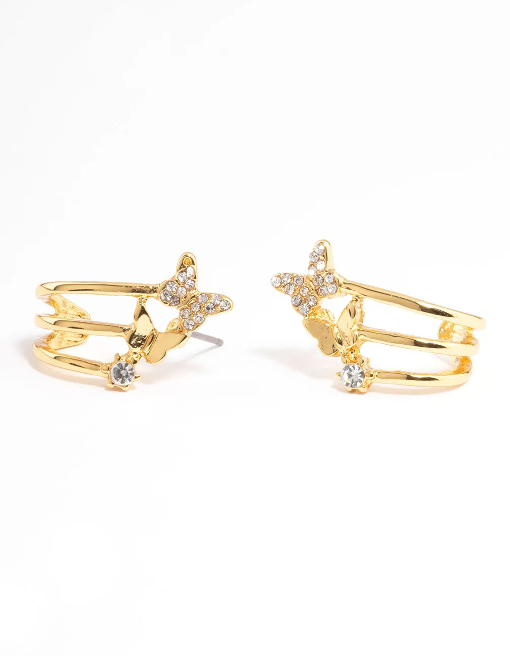 Gold Plated Diamante Butterfly Cuff Triple Hoop Earrings